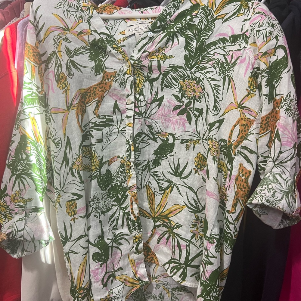 Rachel Zoe Green and Yellow Tropical Women's linen Shirt
